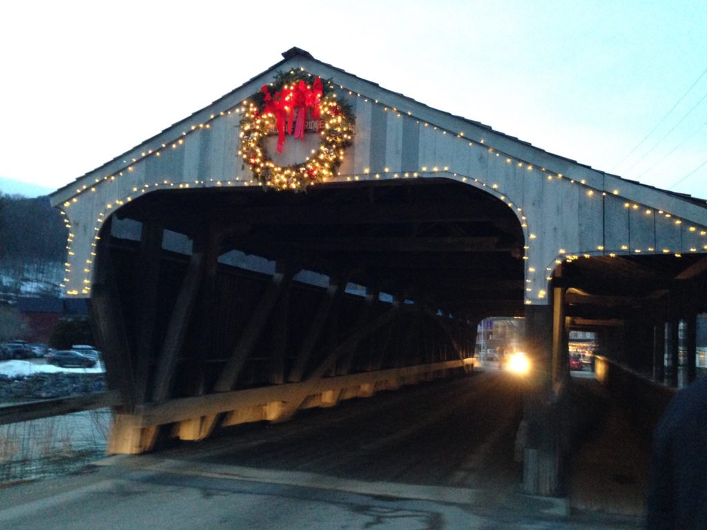 covered bridge w wreath and lights