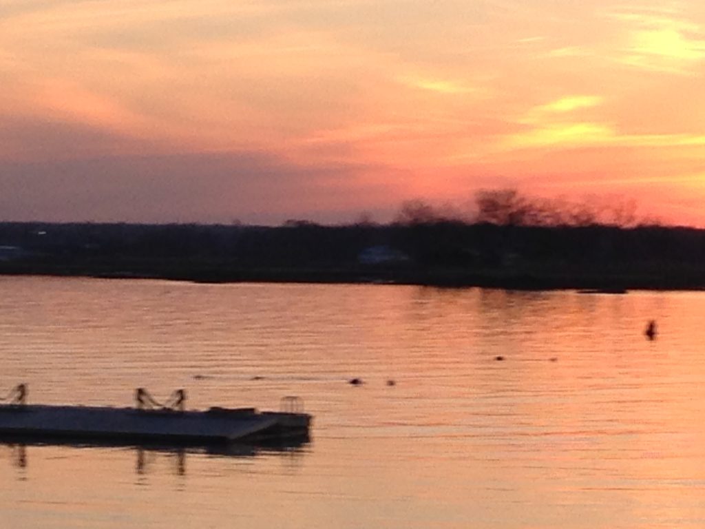 sunset, calm water, shore, dock